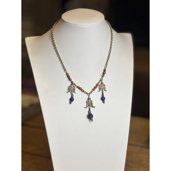 Vintage Angel Pendant Necklace With Lapis Beads & Brass Chain - Picture 4 of 16